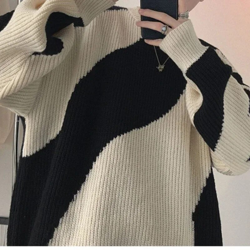 Autumn O-Neck Knit Sweater for Men Cow Patchwork Pullover Men Loose Casual Harajuku Korean Fashion Mens Oversized Sweater voguable