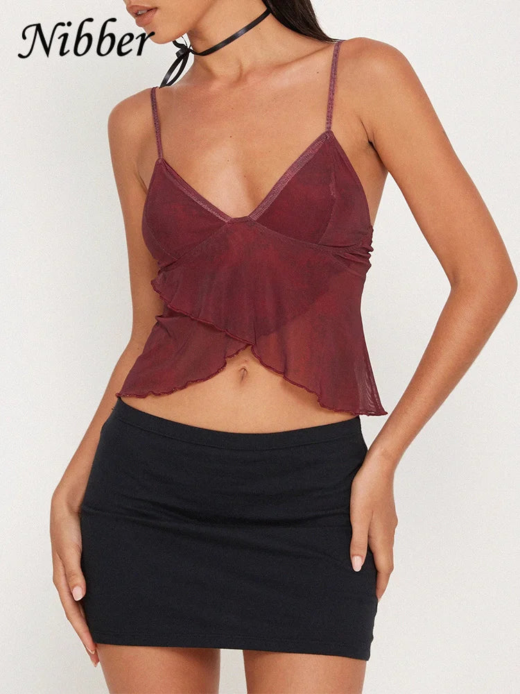 Nibber Mesh See Through Printed Vest Women Sexy Casual V-neck Sleeveless Suspender Camisole Patchwork Tank Top Streetwear voguable