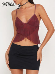 Nibber Mesh See Through Printed Vest Women Sexy Casual V-neck Sleeveless Suspender Camisole Patchwork Tank Top Streetwear voguable