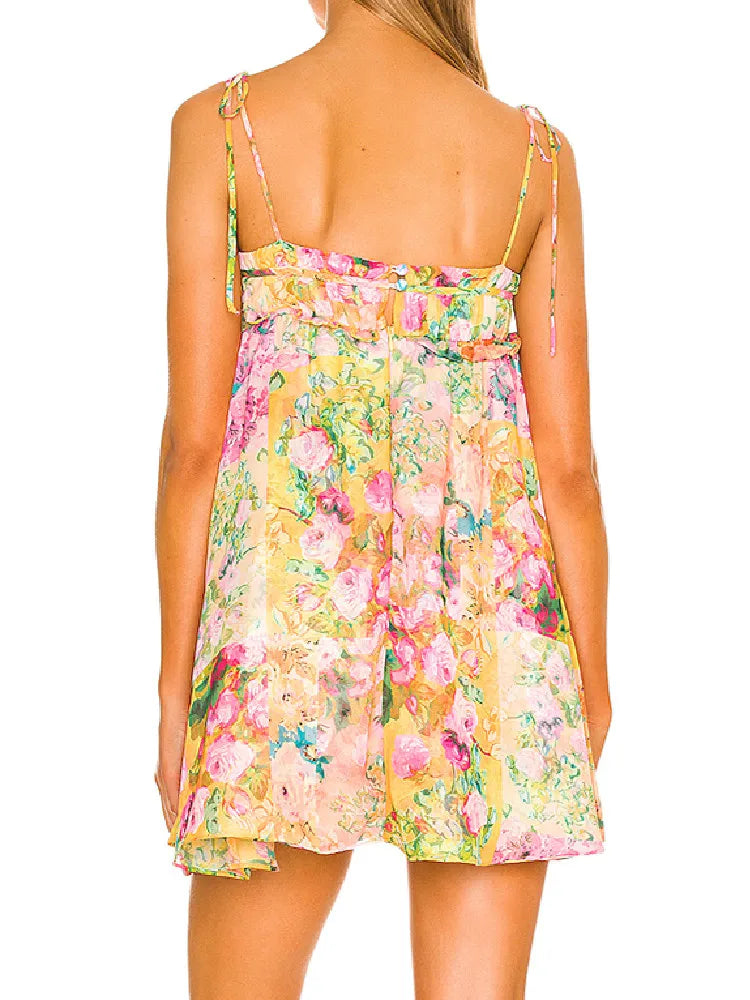Bow Ruched Bra Corset Style Flower Print Spaghetti Strap Mini Dress Women Backless Skater Lacing up Sling Robe Holiday voguable