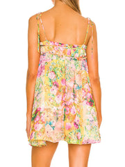 Bow Ruched Bra Corset Style Flower Print Spaghetti Strap Mini Dress Women Backless Skater Lacing up Sling Robe Holiday voguable