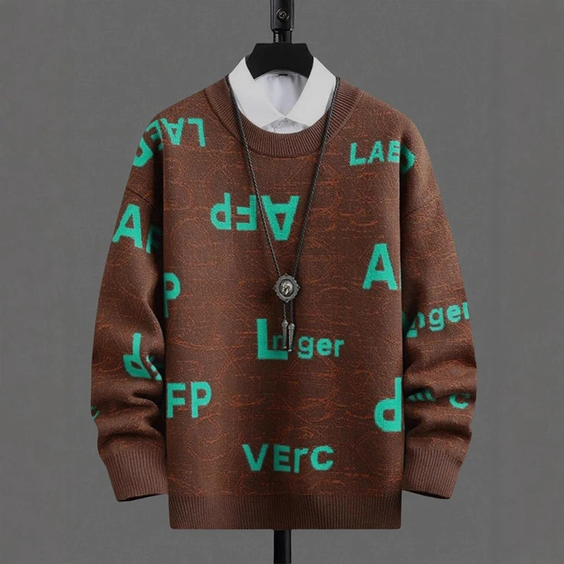 New American Trendy Men Sweaters Light Luxury Letter Printed Knit O Neck Long Sleeve Pullover Casual Loose High Street Knitwear voguable