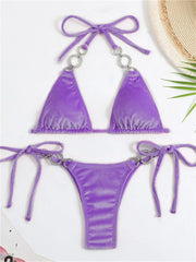 Voguable Sexy Triangle Bikinis Set Women 2024 Solid Pink Criss Cross Velvet Swimsuit Luxury Rhinestone Bathing Suit Metal Swimwear Y2K voguable