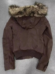American Vintage Y2K Fur Lined Bomber Jacket Womens Brown Hooded Coat with Faux Fur Trim and Ribbed Cuffs Fashionable and Casual voguable