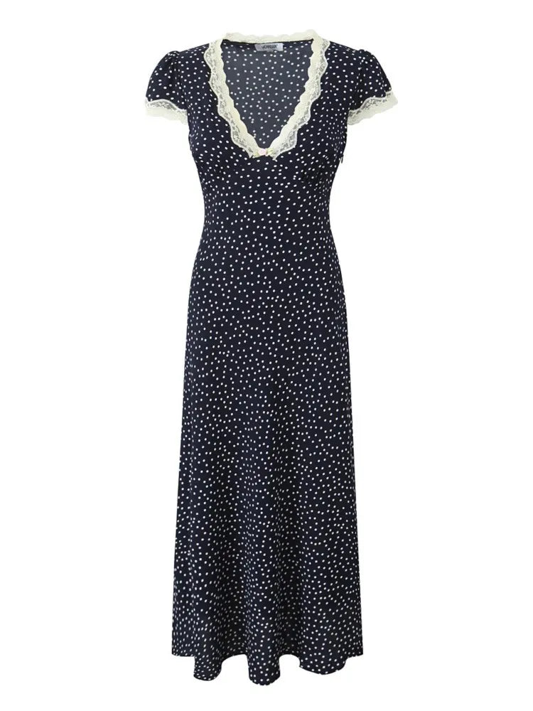 Chic Fashion Lace Polka Dot Long Dress V-neck Sexy Women Dress Navy Blue Vintege Elegant Dresses 2025 New Woman Clothing voguable