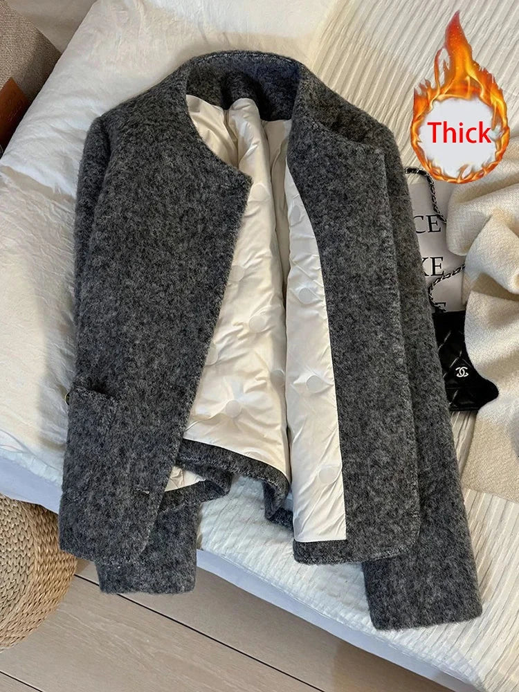 Vintage Faux Woolen Coat Women Warm Winter Thick Long Sleeve Gray Cotton Jacket Female Retro O Neck Pockets Casual Tops New voguable