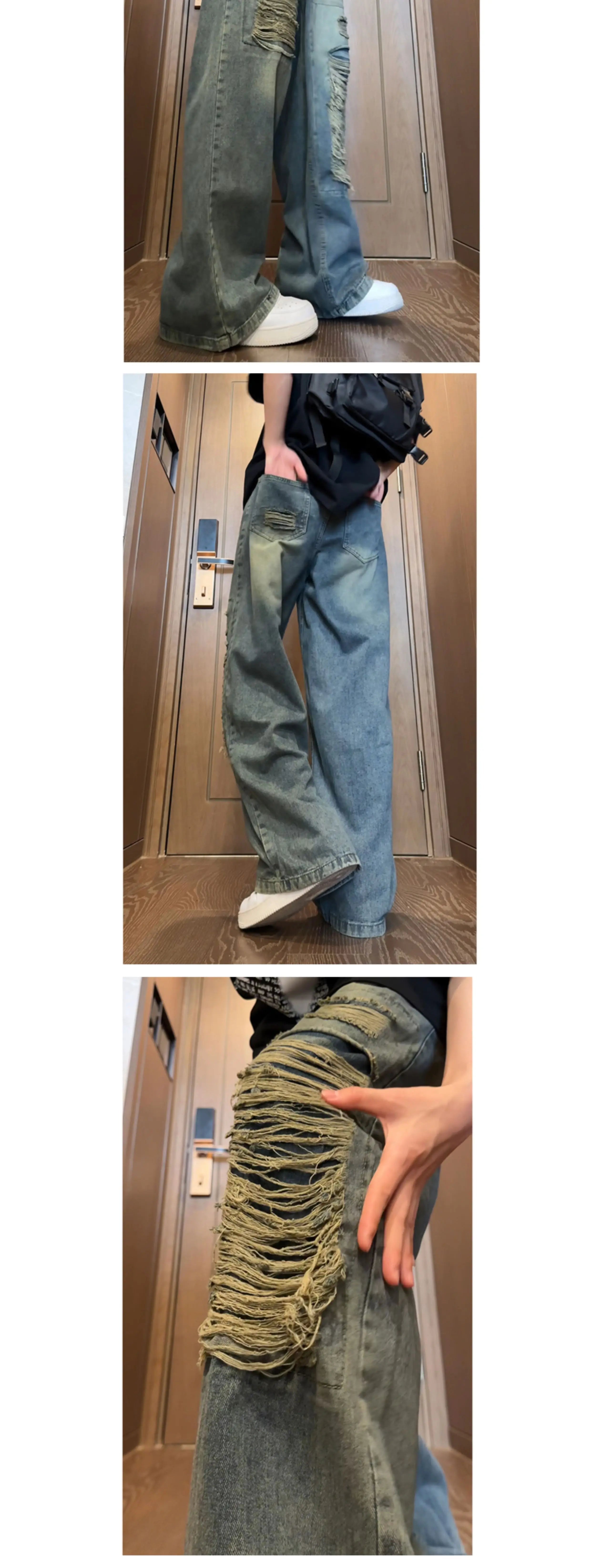 Beggar jeans men Vintage Streetwear Ripped Hole Jeans Men Women Harajuku Aesthetic Wide Leg Denim Trousers Unisex Straight Pants voguable