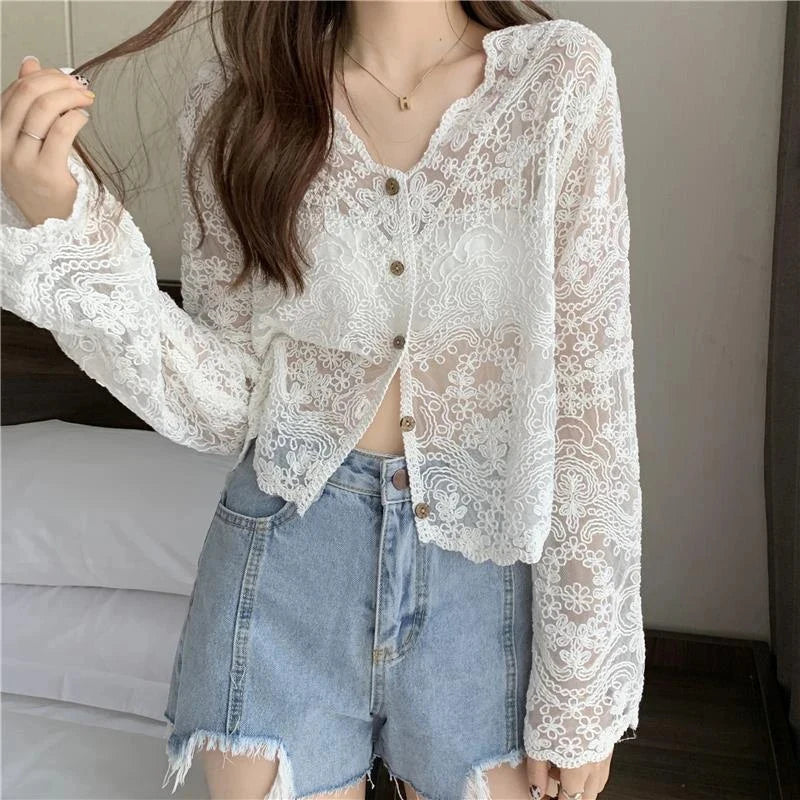 MEXZT Vintage Lace Blouse Women Sheer Long Sleeve Sunscreen Shirt Cardigan Vacation Korean Elegant Casual Sun Protection Top voguable