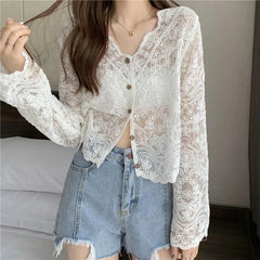 MEXZT Vintage Lace Blouse Women Sheer Long Sleeve Sunscreen Shirt Cardigan Vacation Korean Elegant Casual Sun Protection Top voguable