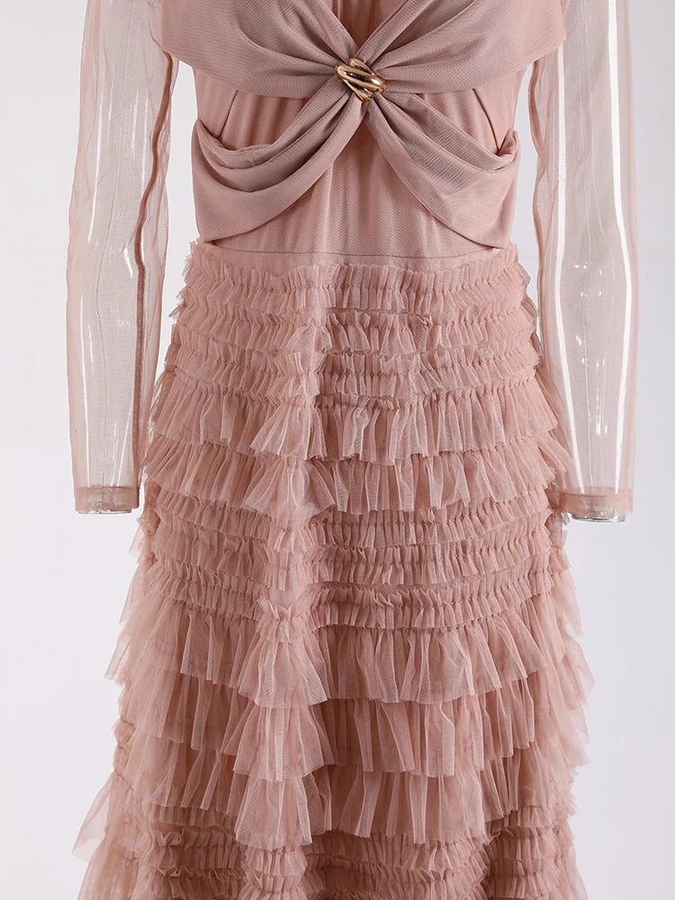 Solid Lace Mesh Spliced Dresess For Women Round Neck High Waist Long Sleeve Elegant Dress Female Spring 2025 New voguable