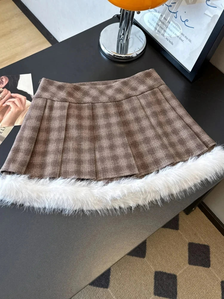 Sexy Sweet Plaid Skirt Women High Waist Faux Woolen Fashion Korean Mini Skirts Fall Winter Preppy Style Slim A Line Skirt voguable