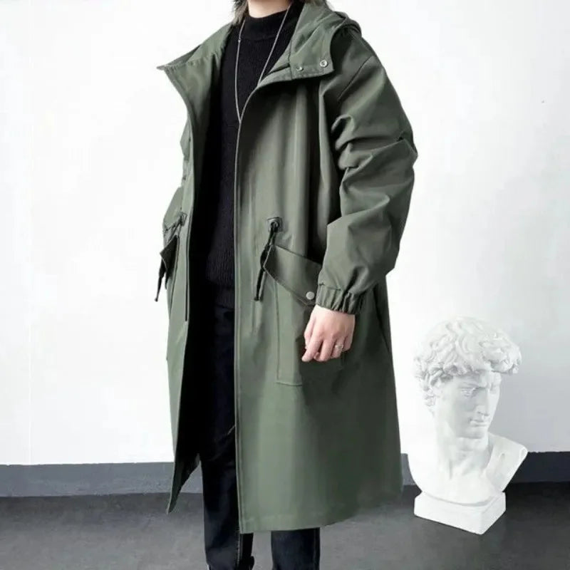 2023 Spring Autumn Army Green Windbreaker Fashion Men Mid-length Casual Hooded Coat Men Daily High Street Overcoat Male Clothes voguable