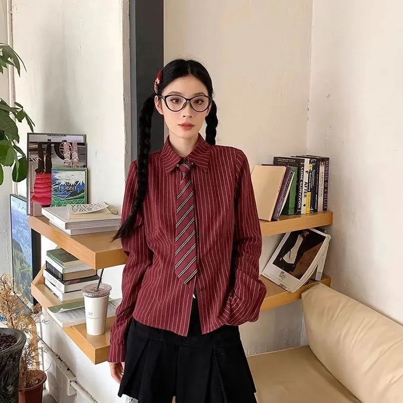 Slim Vintage Striped Tie Shirt Women Fall Long Sleeve American Preppy Style Blouse Casual Female Turn Town Collar Retro Tops New voguable
