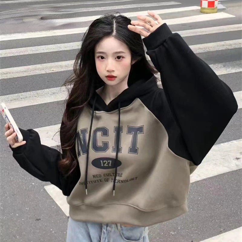 Hoodies Women American Retro Print Casual Loose Hooded Chic Sporty Streetwear Personality All-match Teens Autumn Preppy Style voguable