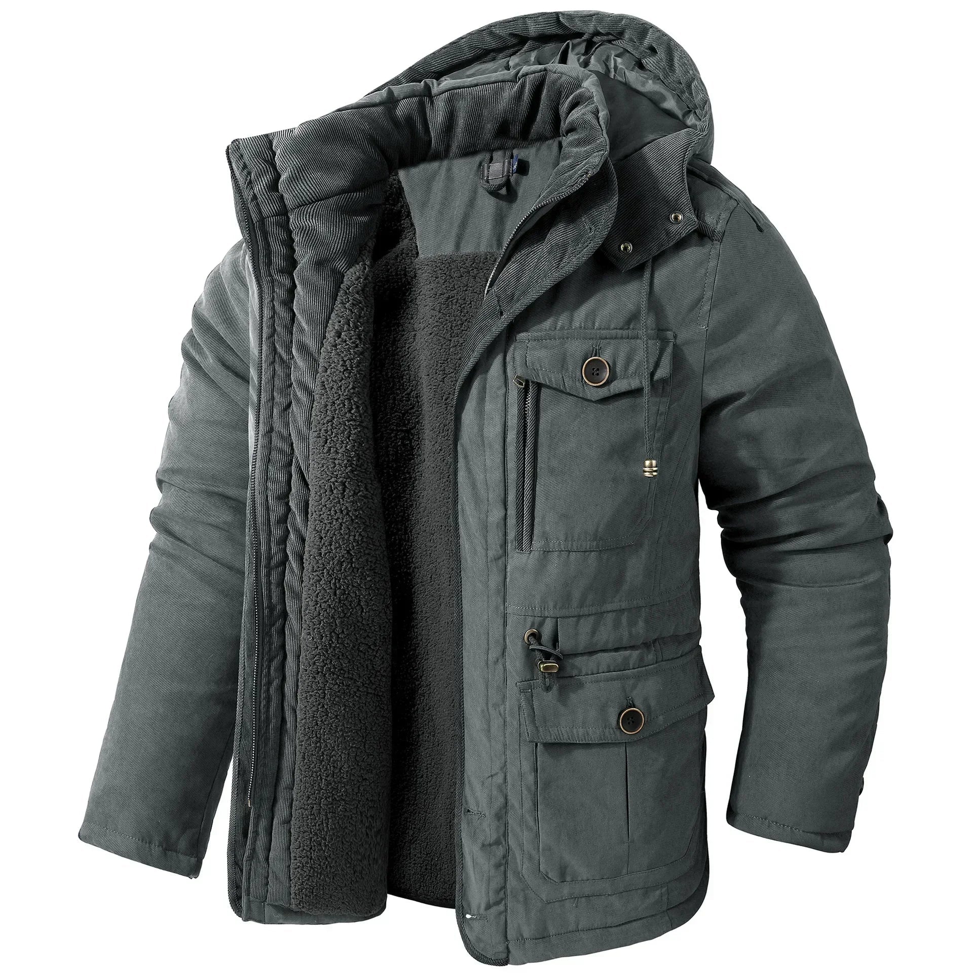 Lamb Warm Men's Parkas Jacket Hooded Winter Men's Clothing Fleece Hooded Cotton Thickened Multi Pocket Casual Mid Length Coat voguable