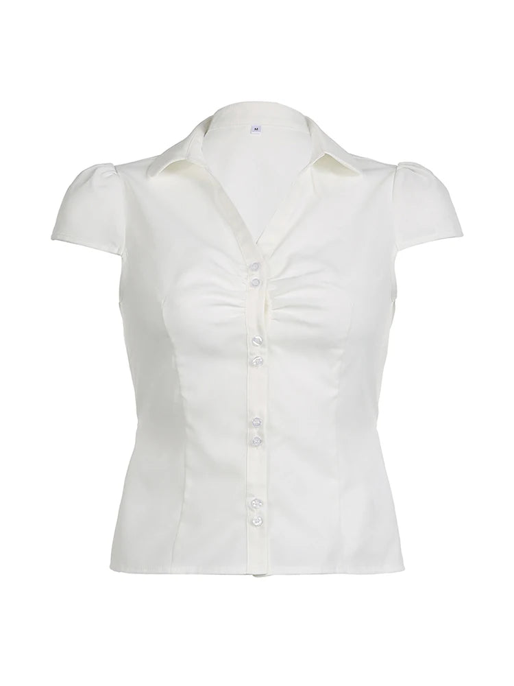 Solid Shirring Button Up Turn Down Collar Short Sleeve White Shirts Women Simple Casual Summer Clothes voguable