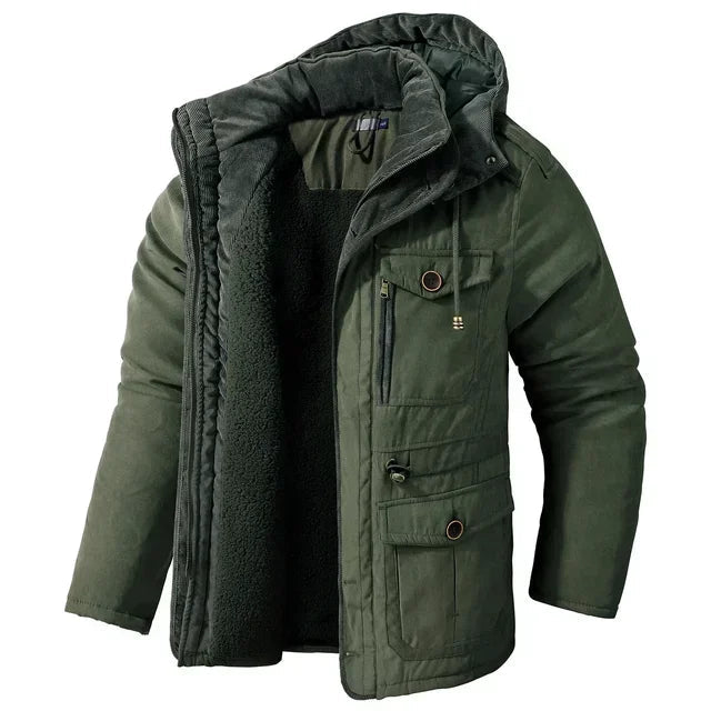 Lamb Warm Men's Parkas Jacket Hooded Winter Men's Clothing Fleece Hooded Cotton Thickened Multi Pocket Casual Mid Length Coat voguable