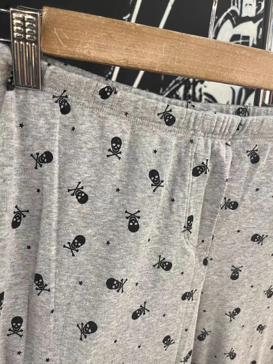 Skull Print Gray Vest Pants 2 Pieces Set Pajama Woman Sleeveless Slim Tank Top High Waist Straight Long Pant Cotton Vintage Sets voguable
