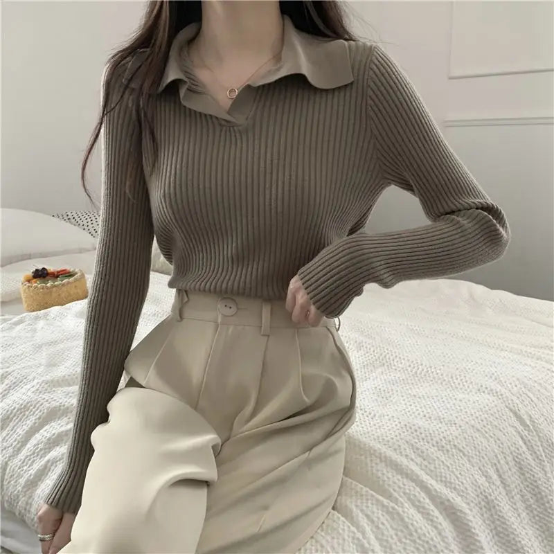 Autumn Winter Women Lapel Pullover Sweaters Basic Long Sleeve Knitted Sweater for Woman Solid Color Jersey Tops Clothes Mujer voguable