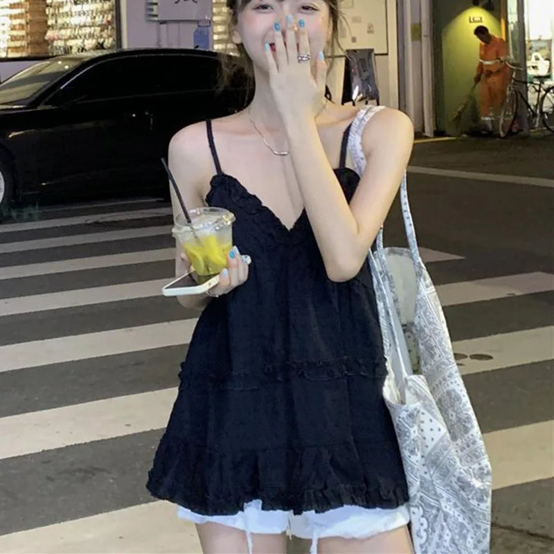Voguable  Preppy Style Short Tank for Women Summer Ruffles Design White Camisole Woman Japanese Sweet Beach Sleeveless V-Neck Tops voguable