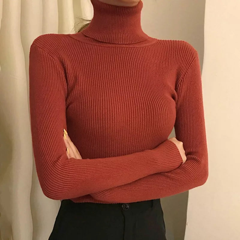Elegant Solid Basic Knitted Tops Women Turtlneck Sweater Long Sleeve Casual Slim Pullover Korean Fashion Simple Chic Clothes voguable