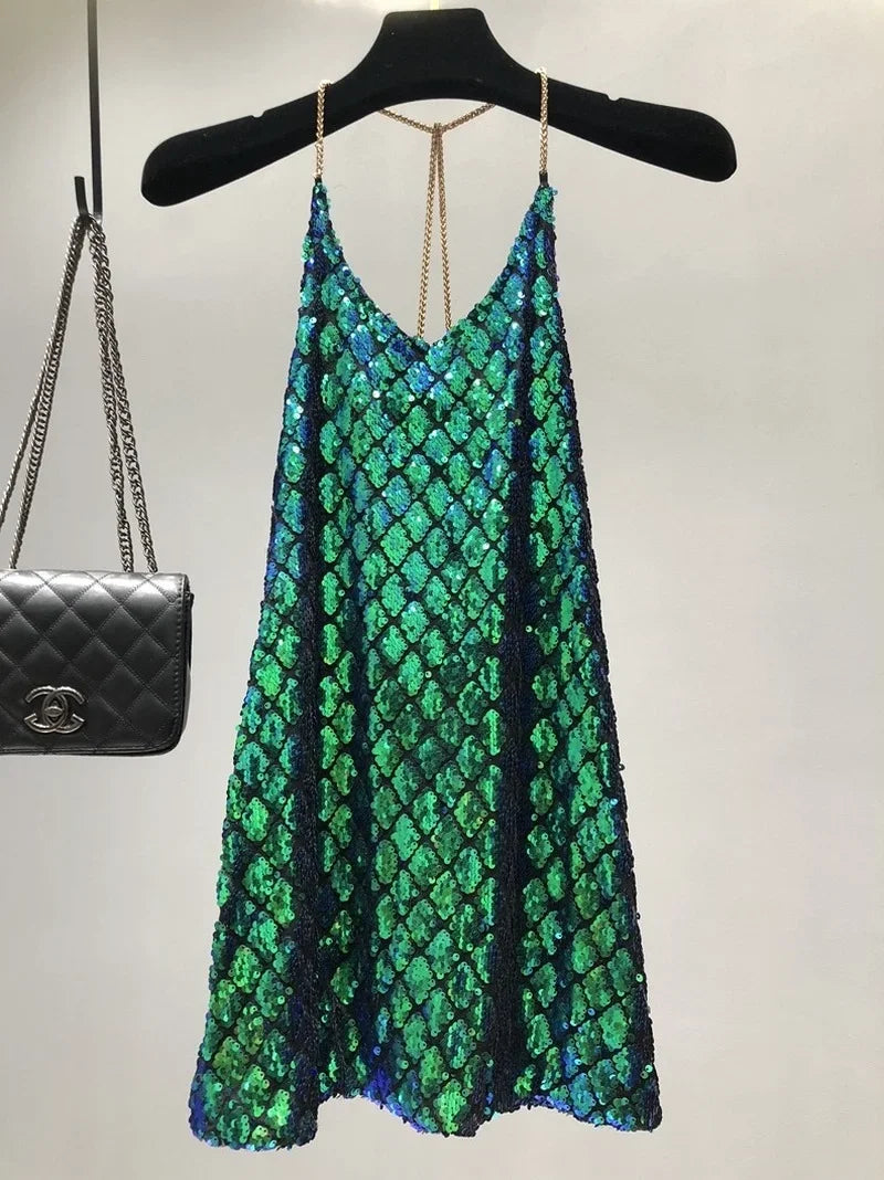 Voguable  Sexy Dresses Party Night Club Dress Dress Summer Metal Hanging Neck Sequins Backless Holiday Skirt with Shoulder-straps voguable