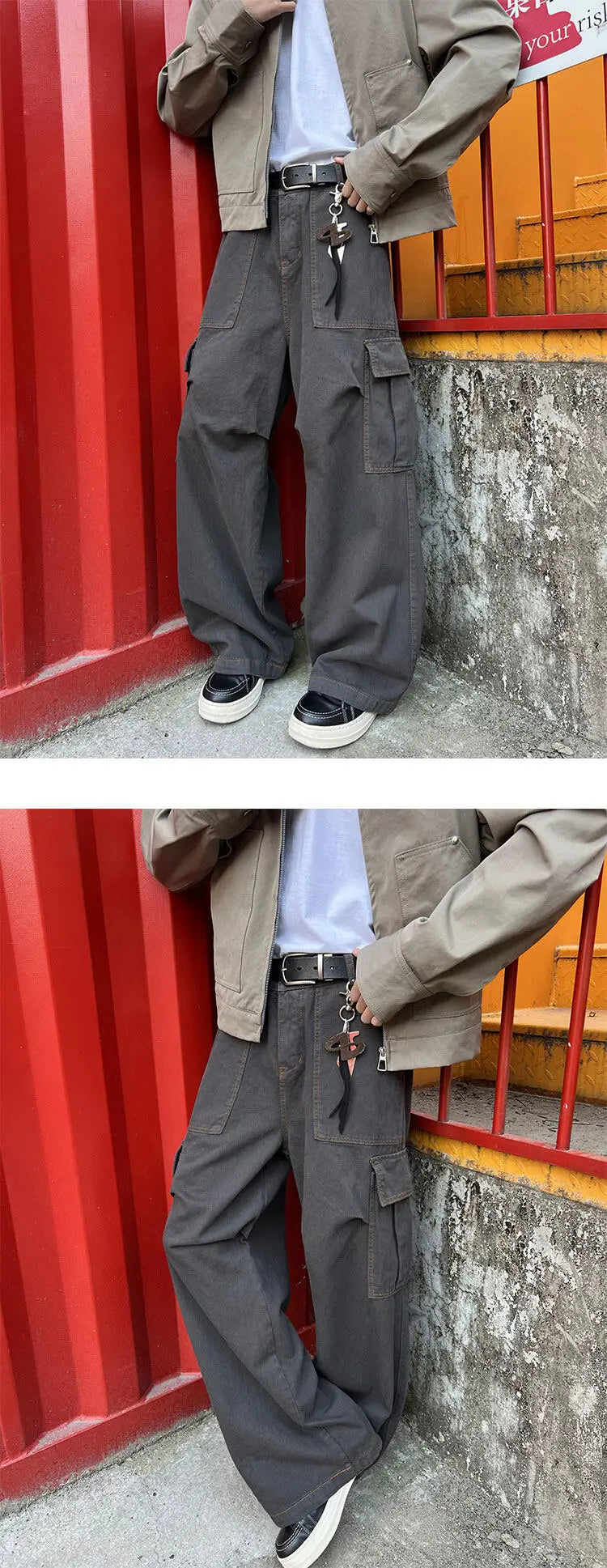 Mens Casual Workwear Cargo Pants Loose Fit Straight Wide Leg Multi Pocket Utility Tactical Outdoor Hiking Durable Heavy Duty voguable