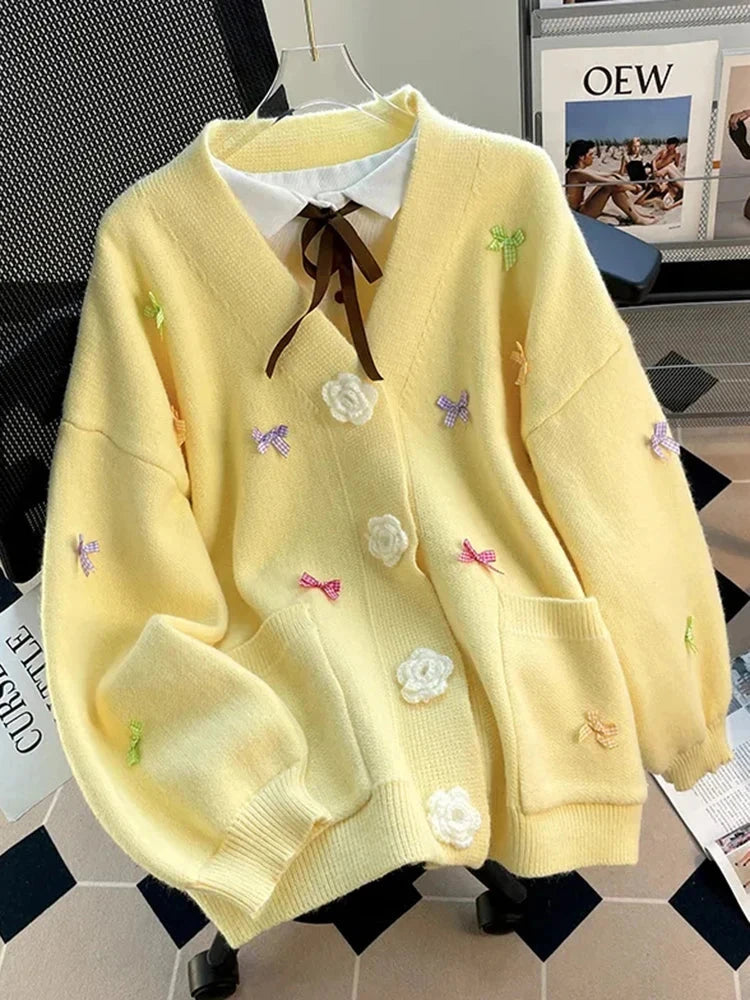 3D Floral Sweet Bow Cardigan Sweaters Women Preppy Style Loose V Neck Korean Knitted Jacket Casual Fashion Long Sleeve Fall Tops voguable