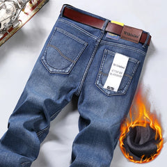 Winter Thermal Warm Flannel Stretch Jeans Mens Winter Quality Famous Brand Fleece Pants Straight Flocking Trousers Denim Jean voguable