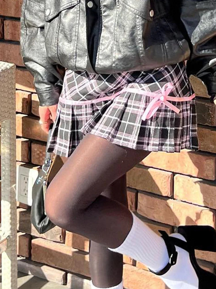 Voguable Y2K Preppy Style Plaid Ribbons Bow A-line Pleated Mini Skirt Dark Academia High Waist Short Skirts Cute Aesthetic voguable