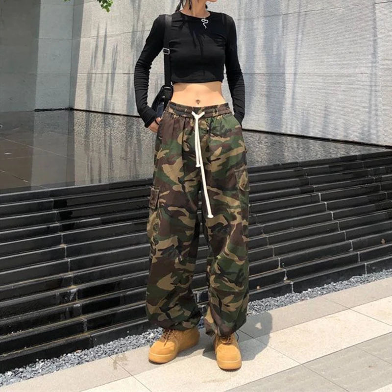 100% Pure Cotton Camo Cargo Pants Women Y2K Vintage Streetwear Joggers Sweatpants Bf Oversized Loose Hip Hop Wide Leg Trousers voguable