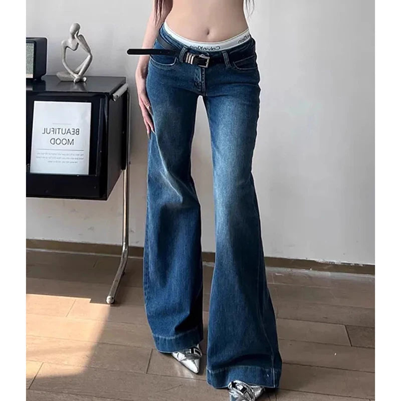 Voguable  Sexy Slim Fit Low Rise Jeans Women Y2K Street Style Straight Leg Flare Pants Woman American Vintage Dark Blue Denim Long Jeans voguable