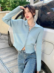 Voguable  Sweet Cute Solid Zipper Pullovers Women Fashion Leisure All-match Retro Simple Vintage Loose Female Zipper Knitwear Top voguable