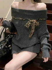 Sexy Off Shoulder Y2K Sweater Women Vintage Leopard Lace Up Knitted Jumper Casual Lazy Wind Long Sleeve Slash Neck Pullover voguable
