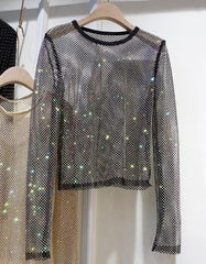 Voguable  Summer New Ladies Temperament Rhinestone Round Neck Long Sleeve Bright Starlight Hollow Shiny Bottoming Shirt Women's Top Trend voguable