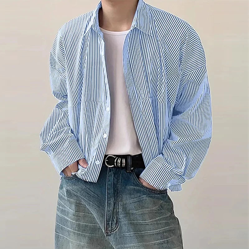 New Japanese Trendy Men Shirts Light Luxury Textured Lapel Striped Long Sleeve Cardigan Tops Leisure Premium Loose Blouse M-2XL voguable
