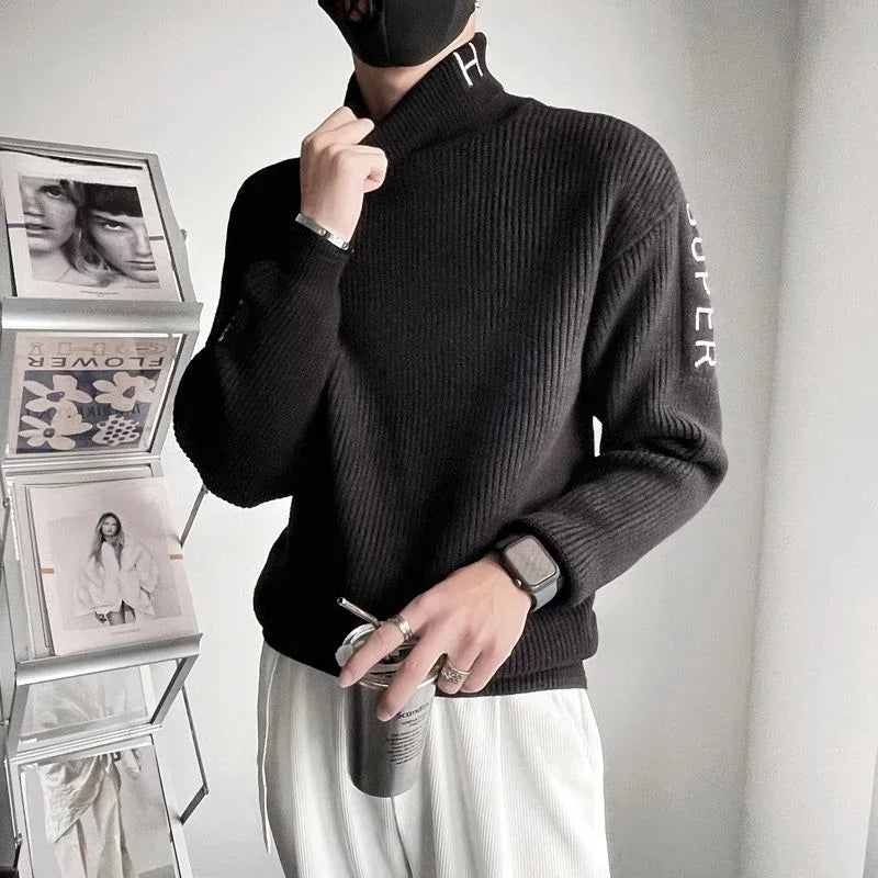 Voguable  Knitted Sweaters for Men Turtleneck High Collar Black Man Clothes Pullovers Coat Jacket Letter Maletry New in Plus Size Casual voguable