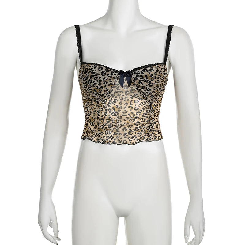 Voguable   Vintage Leopard Print Crop Top Sexy Contrast Color Bow Lace Patchwork Camis Sexy Night Party Club Wear Grunge Corset voguable