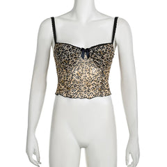 Voguable   Vintage Leopard Print Crop Top Sexy Contrast Color Bow Lace Patchwork Camis Sexy Night Party Club Wear Grunge Corset voguable