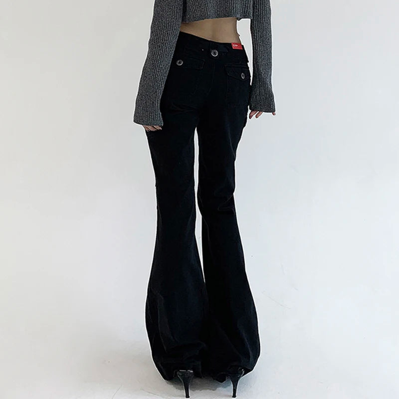 Voguable  Casual Basics Flare Jeans Brown Black All-match Street Style Boot Cut Denim Pants High Waist Vintage Trousers Women Y2K voguable
