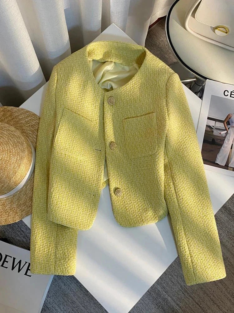 Yellow Sweet Tweed Jacket Women Elegant Retro Slim Long Sleeve Short Coat Korean O Neck Casual Fall Female Vintage Outwear voguable