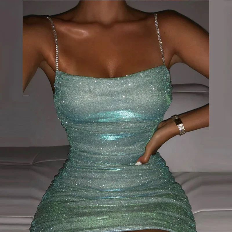 New Sexy Slash Neck Shiny Pleated Party Dress 2022 Women Fashion Elegant Backless Rhinestone Sling Mini Dresses Lady Chic Mujer voguable
