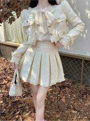 Voguable  Spring New French Vintage Tweed Two Piece Set Women Short Jacket Coat + Pleated Skirt Suits Korean Ladies Luxury Outfits voguable