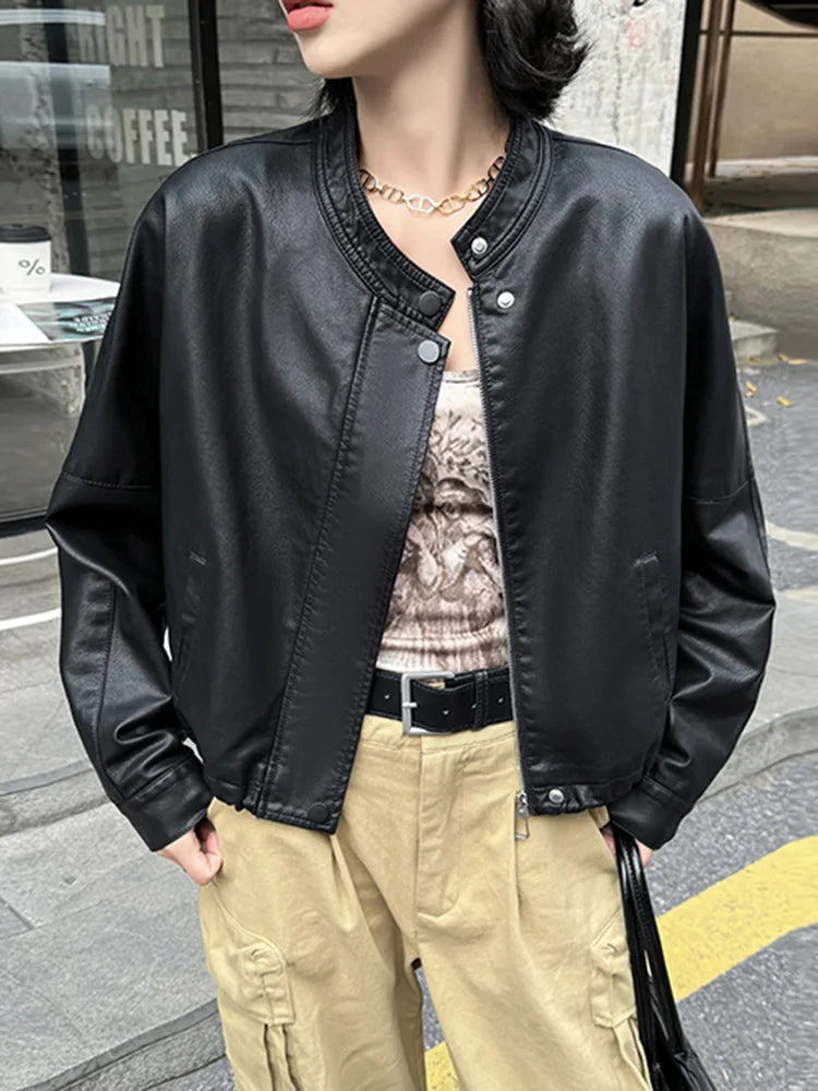 Women Blue Biker Pu Jackets Retro Streetwear Long Sleeve Moto Short Coats Casual O Neck Korean Fall Winter Pockets Outwear New voguable