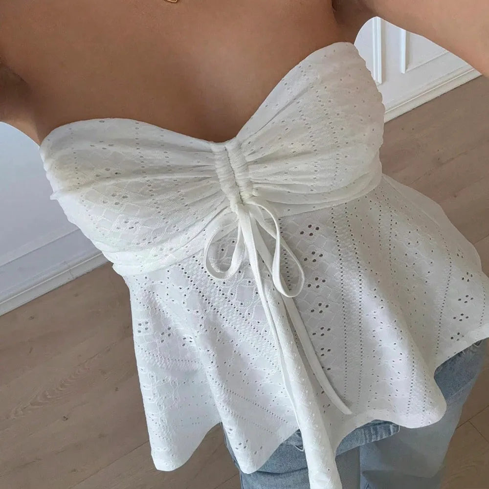 Voguable  Solid Color Sexy White Strapless Tank Top for Women Summer Y2K Off Shoulder Sleeveless Tanks Woman Bow Slim Fit Backless Blouse voguable