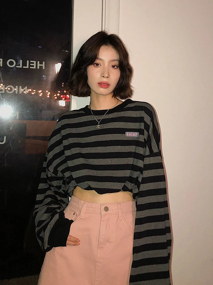 Voguable Sexy Cropped Y2K Striped Sweatshirts Women Harajuku Gothic Tops Vintage Streetwear Casual Bf Oversize Long Sleeve Pullover voguable