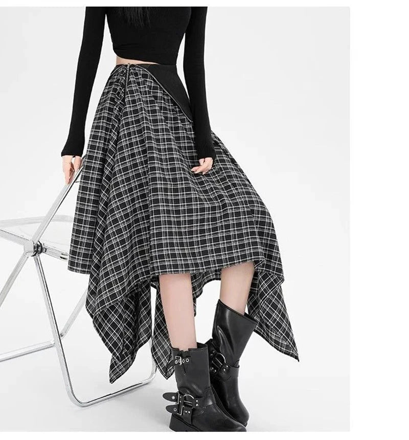 Y2K Streetwear Plaid Long Skirt Women High Waist Retro Hip Hop Irregular Skirt Fall Casual American Gothic Female Long Skirts voguable