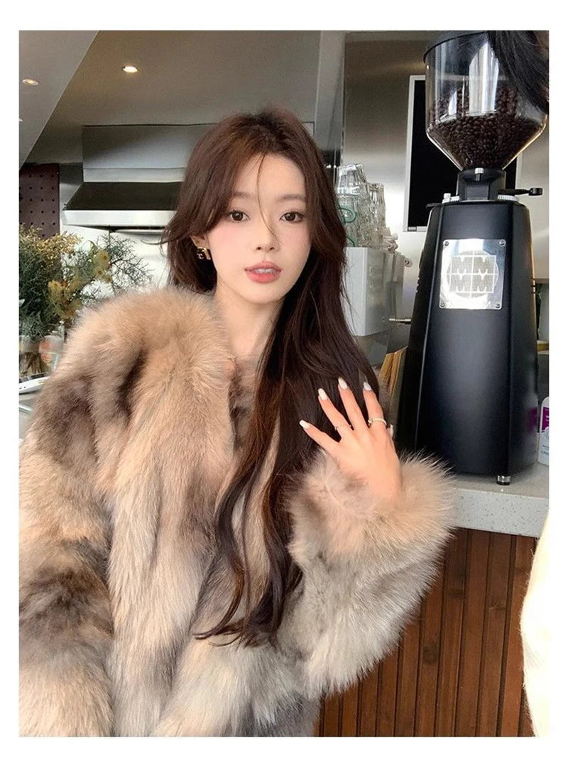 Slim Women Faux Fur Coat Long Sleeve Elegant Vintage Faux Fox Jacket Korean Retro Winter Warm Long Sleeve Female O Neck Tops New voguable