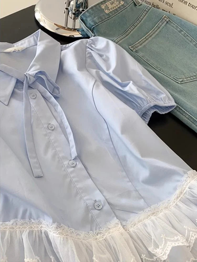 Casual Sweet Blue Shirt Women Cute Lace Patchwork Bow Blouse Vintage French Preppy Style Short Sleeve Elegant Kawaii Tops voguable