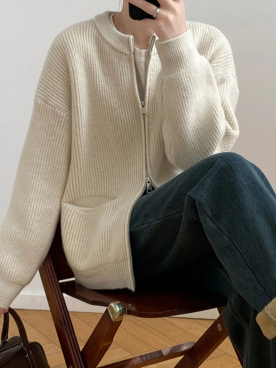 Sweater Cardigan Women Autumn Double Zipper Casual Korean Knitwear Coat Solid Color Loose Soft Long Sleeve Jackets Outerwear voguable